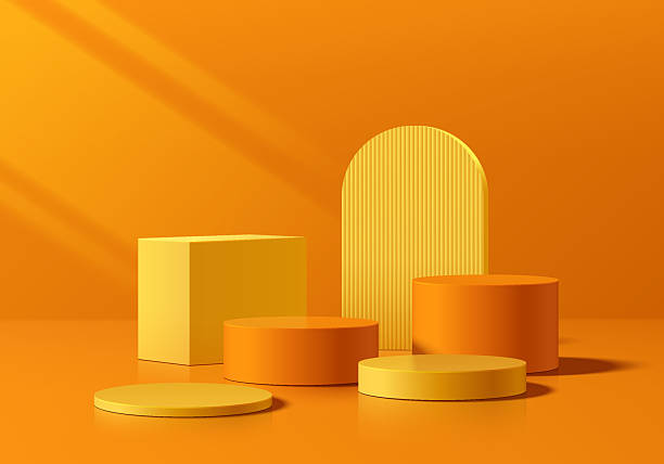 istock 5 orange and yellow 3d round product podium set background. Abstract composition in minimalist design. Studio display showroom stands pedestal, Fashion stage showcase mockup wall scene. Empty space. 2234098721