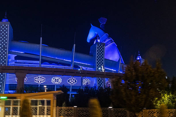 Ashgabat City, Turkmenistan - July 28, 2025. Night shot of the olympic stadium in Ashgabat.