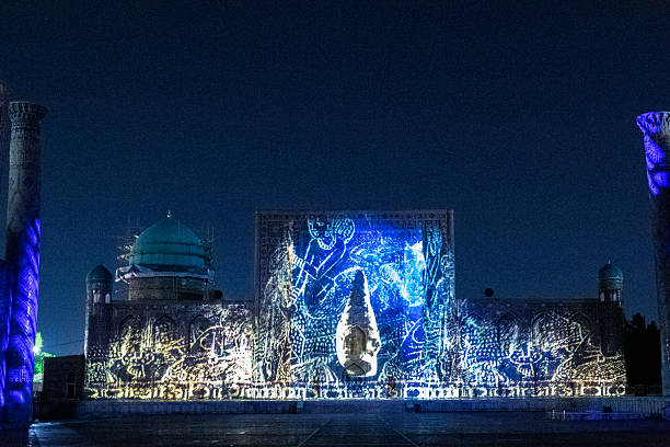 Samarkand City, Uzbekistan - August 3, 2025. Impression of the light show at the Registan square in historic Samarkand. This light show tells the history of Uzbekistan and the importance of Samarkand in world history.