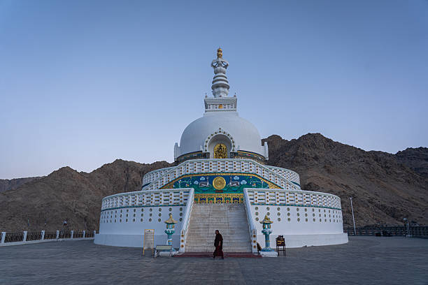 Leh, India - September 12, 2024: Famous Shanti Stupa located on a hilltop overlooking Leh