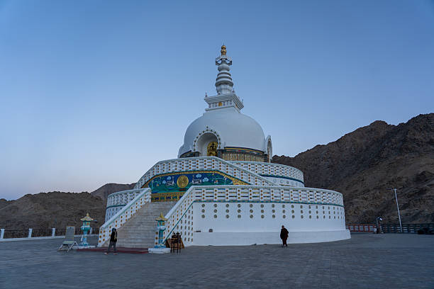 Leh, India - September 12, 2024: Famous Shanti Stupa located on a hilltop overlooking Leh