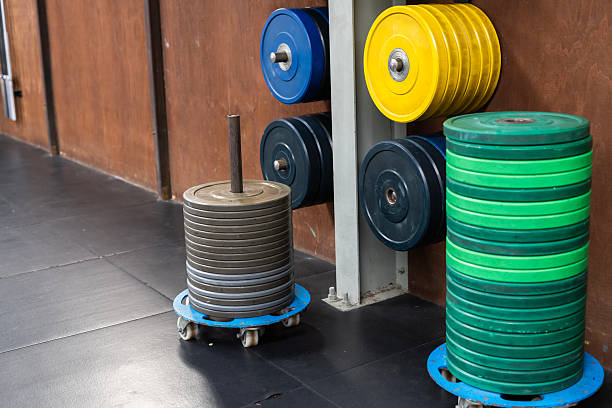 Weight lifting plates in a gym
