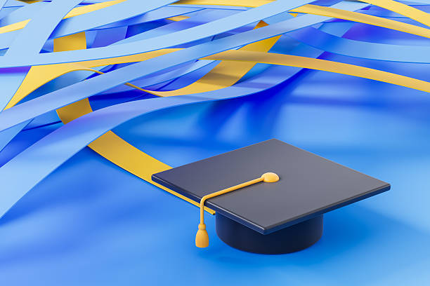 Graduation cap resting on surface with abstract yellow and blue ribbon paths, 3D Rendering on a smooth blue background, concept of education and achievement