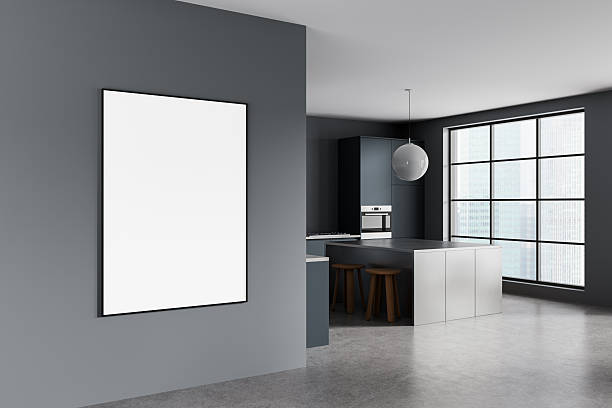 istock Modern kitchen interior with blank poster on wall in stylish apartment mockup, large windows and minimalist design for artwork or template display. 3D Rendering 2234104826