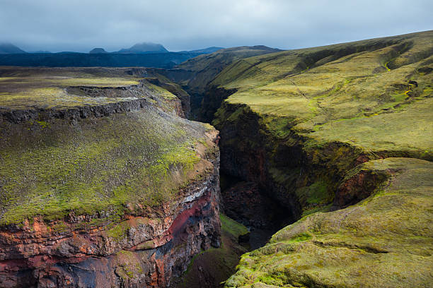 Aerial view on dramatic and colorful Markarfljotgljufur gorge in Iceland.