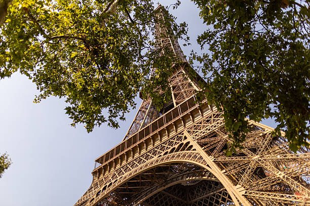 Eiffel tower against blue sky at morning. Photo made from pedestrian point of view. No people around