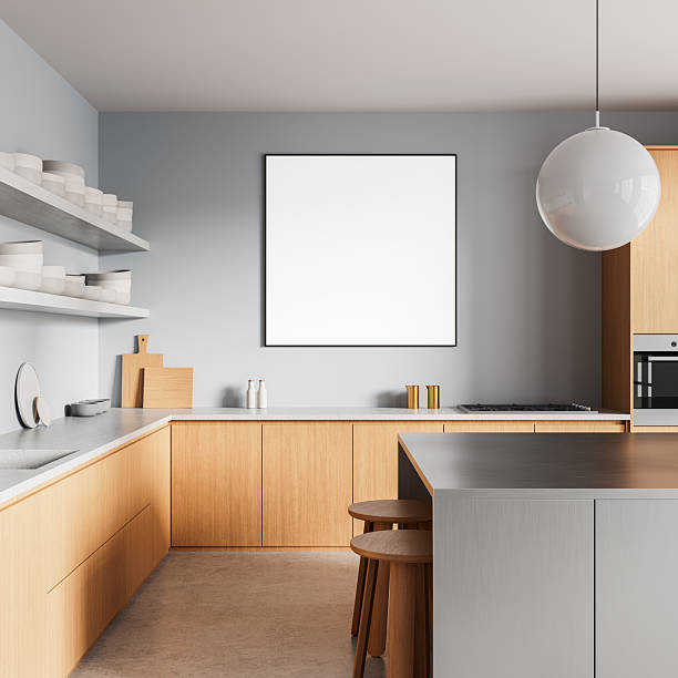 istock Modern kitchen interior with wooden cabinets and empty square wall poster mockup above countertop for artwork or design presentation display template. 3D Rendering 2234107874