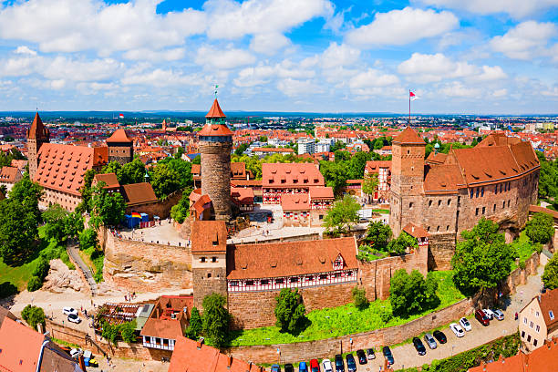 Nuremberg Castle aerial panoramic view. Castle located in the historical center of Nuremberg city in Bavaria, Germany.