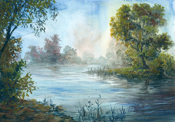 istock Foggy morning on the river, painting 2234112095