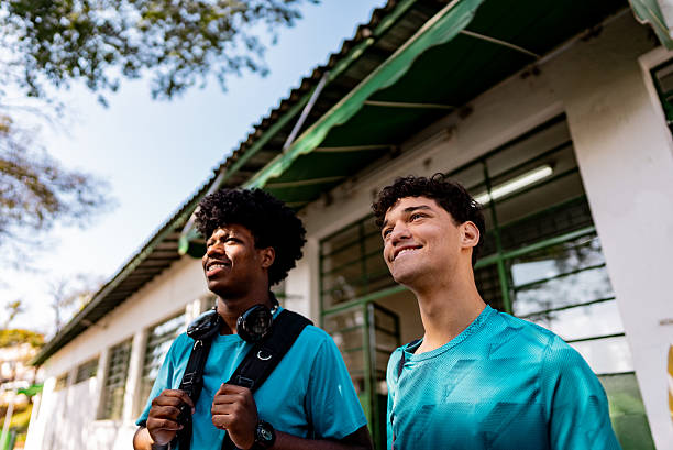 istock Student friends looking away in outside school 2234115871