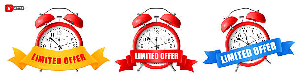 istock Limited Offer Sticker Set With Red Alarm Clock And Various Coloured Ribbons 2234116416