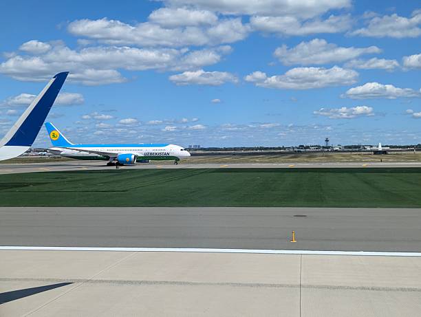 New York, USA - August 30, 2025 - An Uzbekistan Airways Boeing 767-300 aircraft taxiing on a runwayat the JFK International Airport.