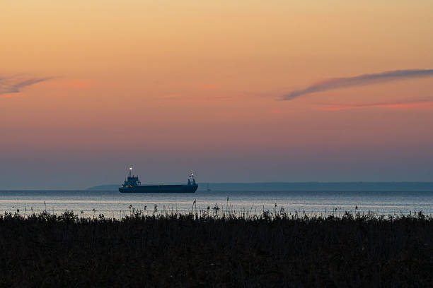 Cargo ship navigating the serene Baltic Sea at twilight, with a breathtaking sky displaying soft hues of orange and purple, reflecting tranquility.High quality photo