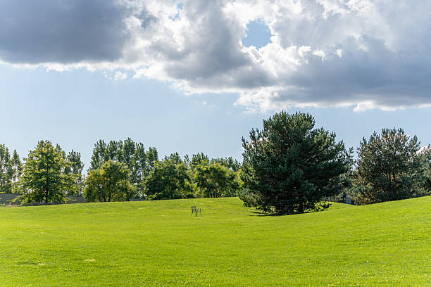 istock A wide green meadow stretches under dramatic clouds and bright sky. 2234129117