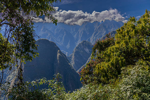 Iconic view of Machu Picchu, the ancient Inca citadel nestled high in the Peruvian Andes. Surrounded by lush green mountains and mist, this UNESCO World Heritage Site is one of the most famous archaeological and cultural landmarks in South America, attracting travelers and historians worldwide.