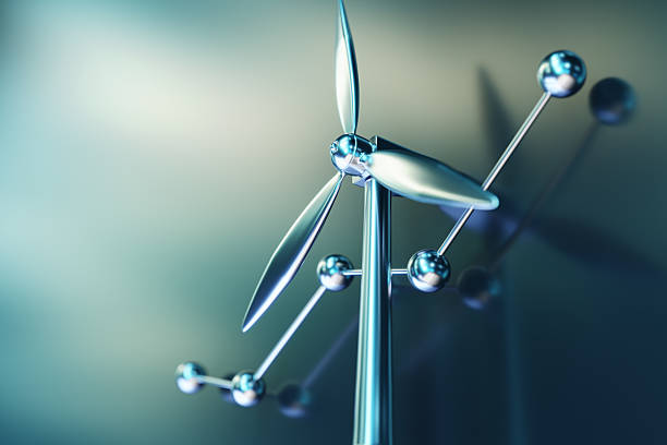 A close-up of a futuristic wind turbine crafted from metal, representing sustainable energy solutions and innovative technology, against a gradient background conveying clean energy and environmental sustainability.