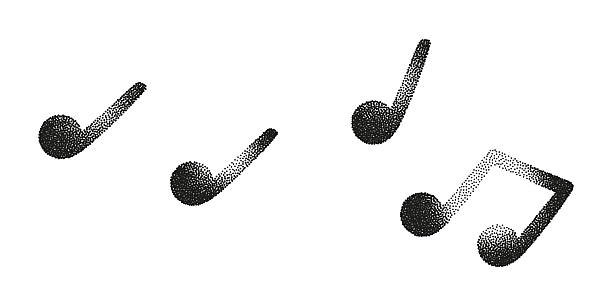Halftone stipple photocopy effect vector illustration of simple music notes. Black retro grunge style elements set for concert posters, flyers and creative design isolated on transparent background