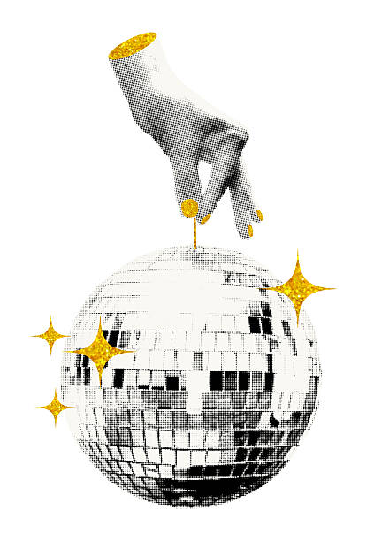 Hand holding disco ball hanging on gold string halftone collage element with golden glitter stars. Trendy modern retro vector illustration on transparent background for festive party design