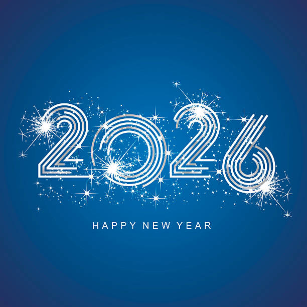 2026 новый год абстрактный серебряный многолинейный дизайн 2026 года номера сияющий блеск сверкающий фейерверк синий фон поздравительная отк� - канун нового года stock illustrations