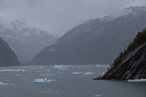 Alaska coastline with floating ice, snow and clouds