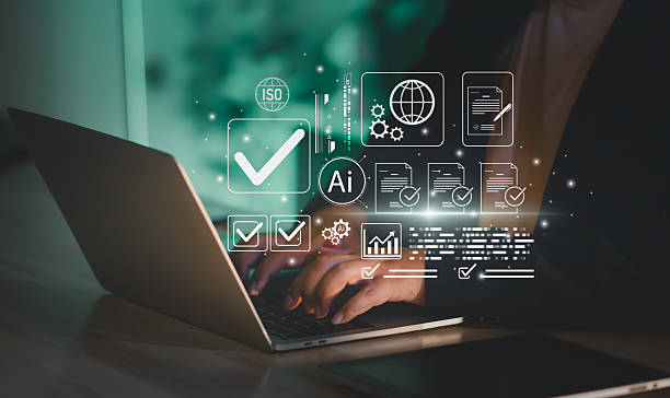 istock Concept AI-powered ISO compliance, digital checklist business professional types on laptop, floating check marks, documents, and graphs, symbolizing verification, approval workflow, quality assurance. 2234147081