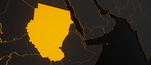 Golden Sudan 3d map surrounded with other countries in black with golden borders and shallow dof. Africa political map with borders.