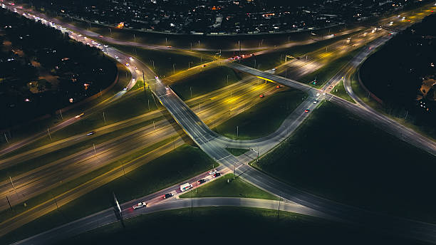 Drone View of City Highway Interchange at Night