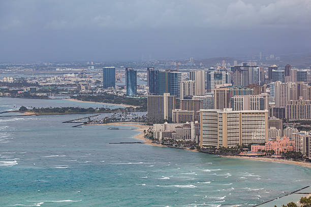 famous waikiki beach seen from diamond head crater in oahu, hawaii.