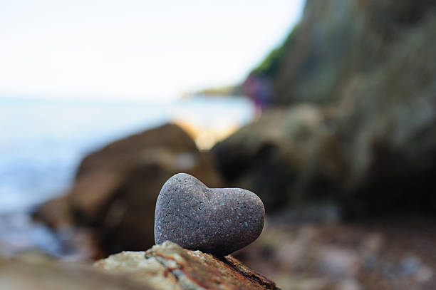 A beautifully captured image featuring a naturally heart-shaped rock resting on a rugged coastal stone, with the serene ocean and blurred cliffside in the background. The soft lighting and shallow depth of field create a peaceful and romantic atmosphere, perfect for nature lovers and those seeking unique outdoor photography.