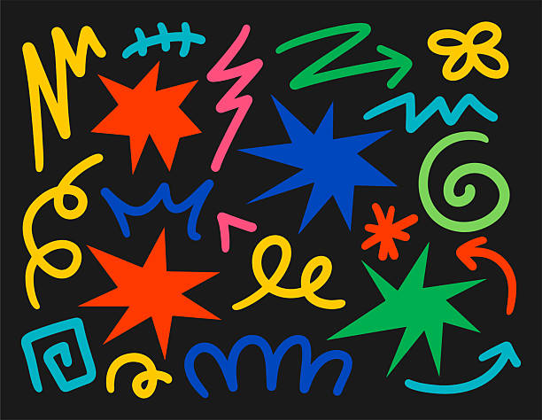 Hand Drawn Doodle and Scribble Elements Vector. ​Colorful Abstract Shapes and Symbols. Fun and Energetic Graphic Design Elements. ​Youthful and Creative Illustration Set