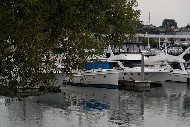 Reflections of boat with blue details docked in Waterfront marina, Port of Everett