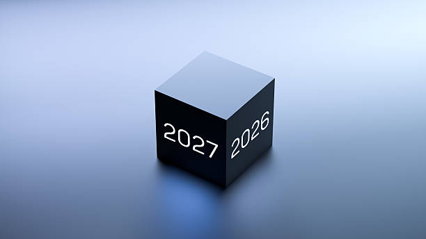 istock 2026-2027 neon digits, year on a cube. Glowing change from 2026 to 2027, planning, goal, annual event, date, concept of 2027, wallpaper. 3D render 2234167929