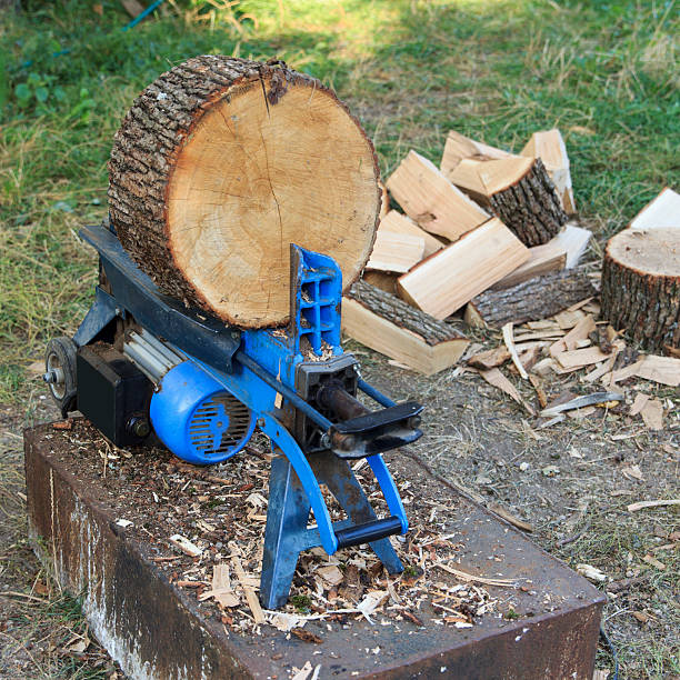 istock A blue electric wood splitter is positioned on a wooden platform 2234174343