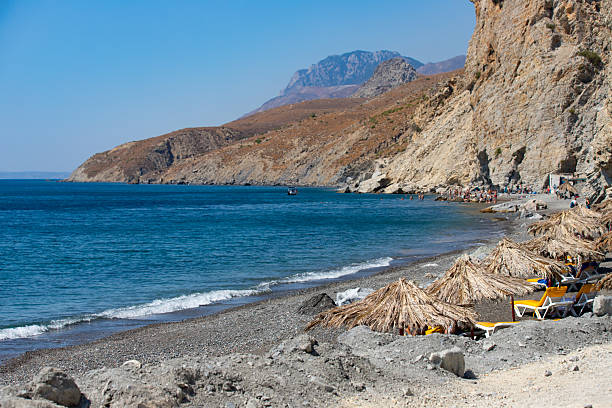 Embros Therma, a beach with a hot thermal spring, cliffs and umbrellas on a sunny day