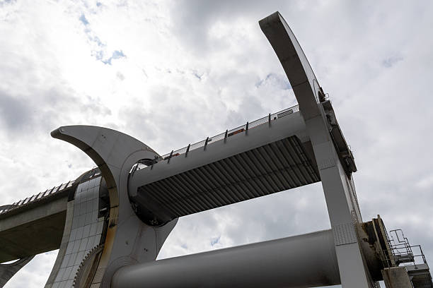 Falkirk Wheel at sunset. Falkirk Wheel is a rotating boat lift in Scotland and connects the Forth and Clyde Canal with the Union Canal.
