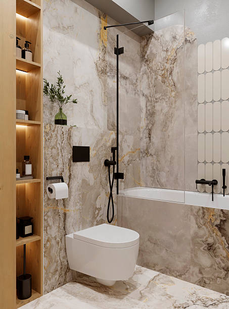 istock 3D render of bathroom interior. Modern bathroom interior design with open shelving with lighting, bottles and vase. 2234189562