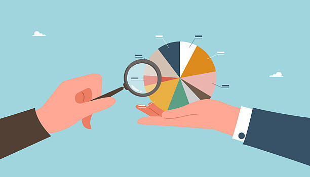 Hands analyzing pie chart Income and savings analysis, budget allocation control, teamwork increasing investment portfolio, partnership distribution of investment share, hands analyzing pie chart. shared responsibility stock illustrations