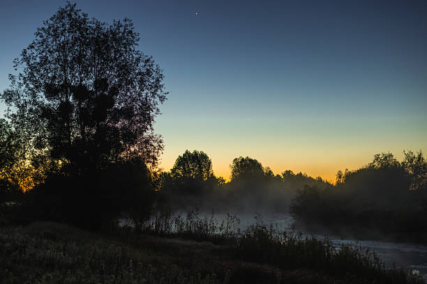 Fog over lake. Morning landscape. Twilight