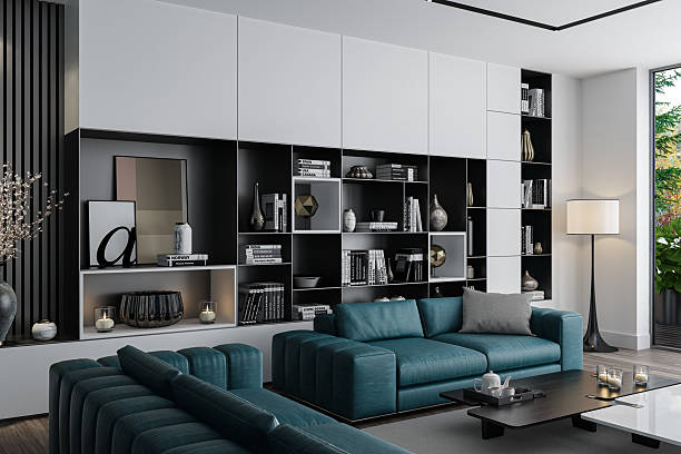 istock Contemporary Living Room with Teal Sofas and Built-In Shelving 2234192660