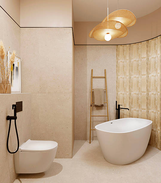 istock 3D render of bathroom interior. Modern bathroom interior design with freestanding bathtub and shower. 2234193027