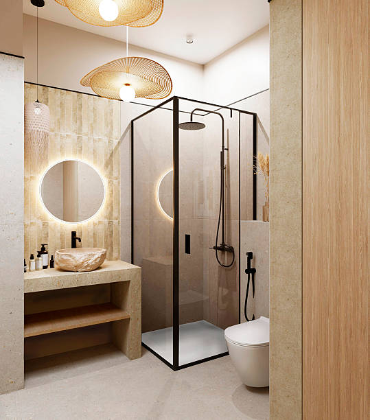 istock 3D render of bathroom interior. Modern bathroom interior design with sink, backlit mirror, shower and wicker chandeliers. 2234193031