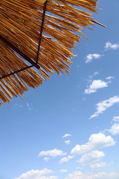 A view from below, looking up at a blue sky with scattered white clouds, partially obscured by a straw umbrella. The shot conveys an atmosphere of calm, relaxation and summer vacation.