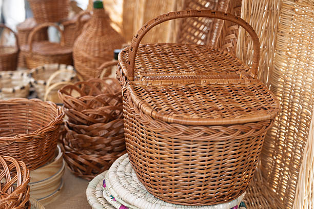 Close-up of a wicker picnic basket, showcasing traditional craftsmanship and natural materials