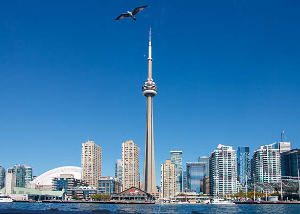 The Rogers Centre Hockey stadium, the CN Tower Toronto skyscraper high building, and the skyline. Ontario Lake, Ontario, Canada