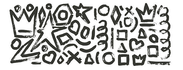 istock Grunge wall art elements with brush stroke texture. Hand drawn black ink graffiti crown, star, heart and geometric urban street style shapes on white background. Circle, hexagon abstract figures 2234209292