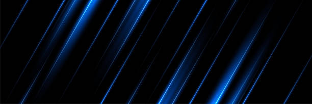 istock Blue neon diagonal light beams on black background. Glowing electric streaks with smooth reflections and motion blur effect. Futuristic sci-fi lighting backdrop vector 2234209597