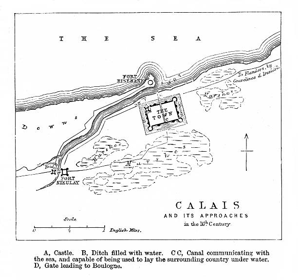 Calais Harbor map, France. Calais is the closest point to Great Britain across the English Channel. Engraving published 1877. The original edition is in my archives. Copyright has expired and is in Public Domain.