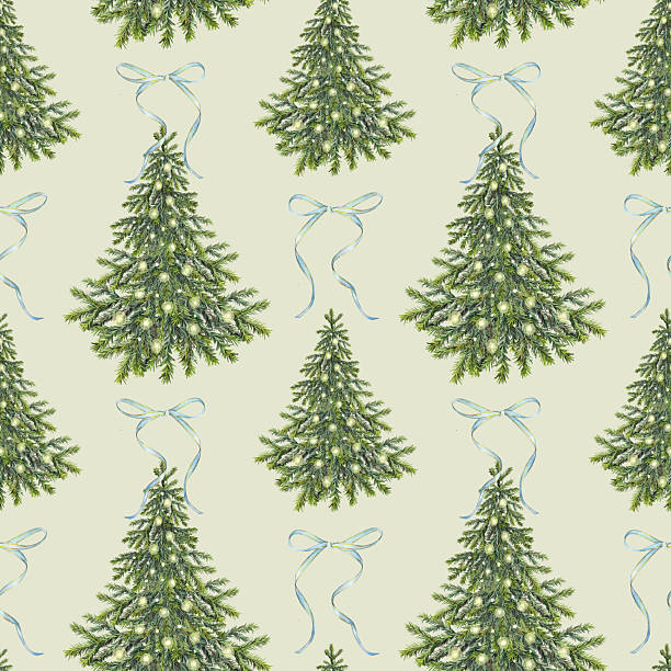 istock Watercolor seamless pattern with Christmas tree with gold garland on green background. Forest evergreen fir or pine and ribbon bow for sticker or card. New Year celebration wrapping or wallpaper 2234218706