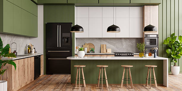 istock Modern kitchen with a kitchen island, stools, and green cabinets- 3D rendering 2234223121