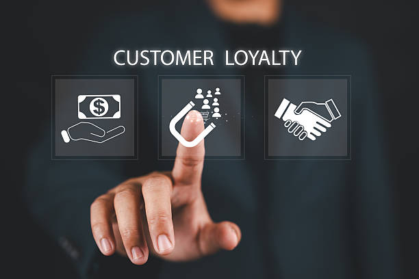 Customer loyalty concept, good relationship between customers and brands. Businessman touching customer loyalty icons on virtual screen for building loyalty and retention.